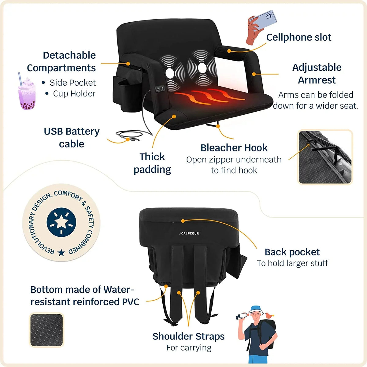 Back Reclining Chair Thick Wide Heated Black Extra Seat with - - Waterproof X-Wide Alpcour Massage Support Stadium