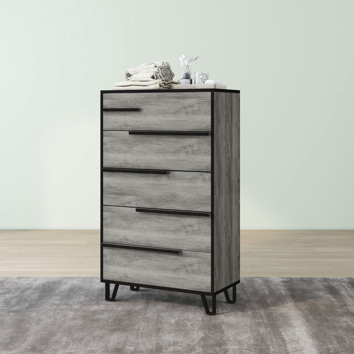 DH by Vintage Denhour 5-Drawer Modern Grey Chest Oak BASIC