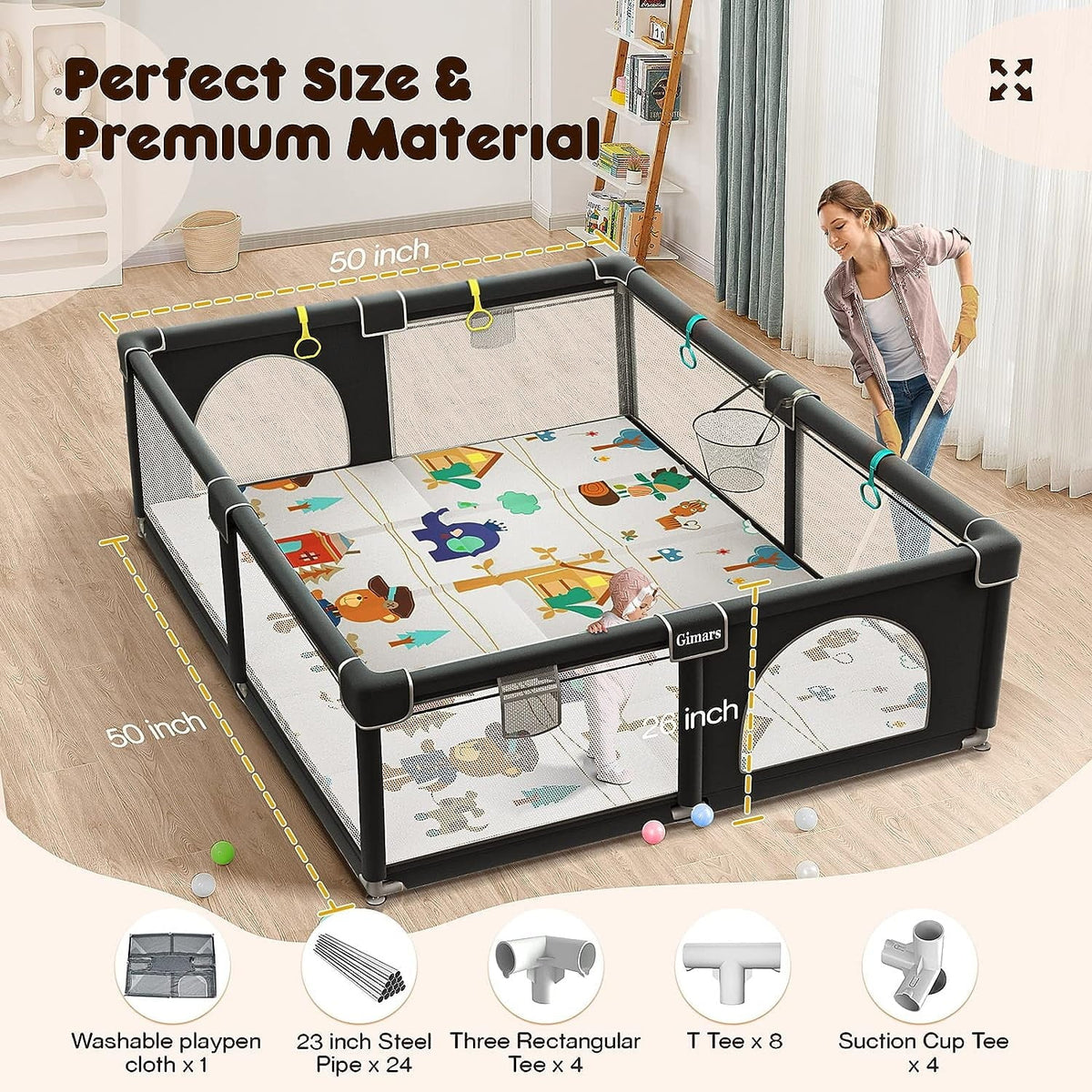 Sturdy Toddlers, Playpen 320D Cotton & Large Babies, Padded Mat, Rod for Safe with 6in1 Baby Zipper Upgraded Protecting Play Yard Gate Playpen Playpen for Padding Washable Baby with with Top