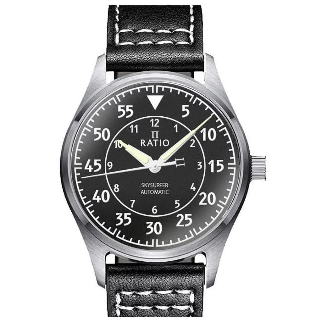 Textured Leather Watch Black Men's RTS320 Ratio Skysurfer Dial Pilot 200M Automatic