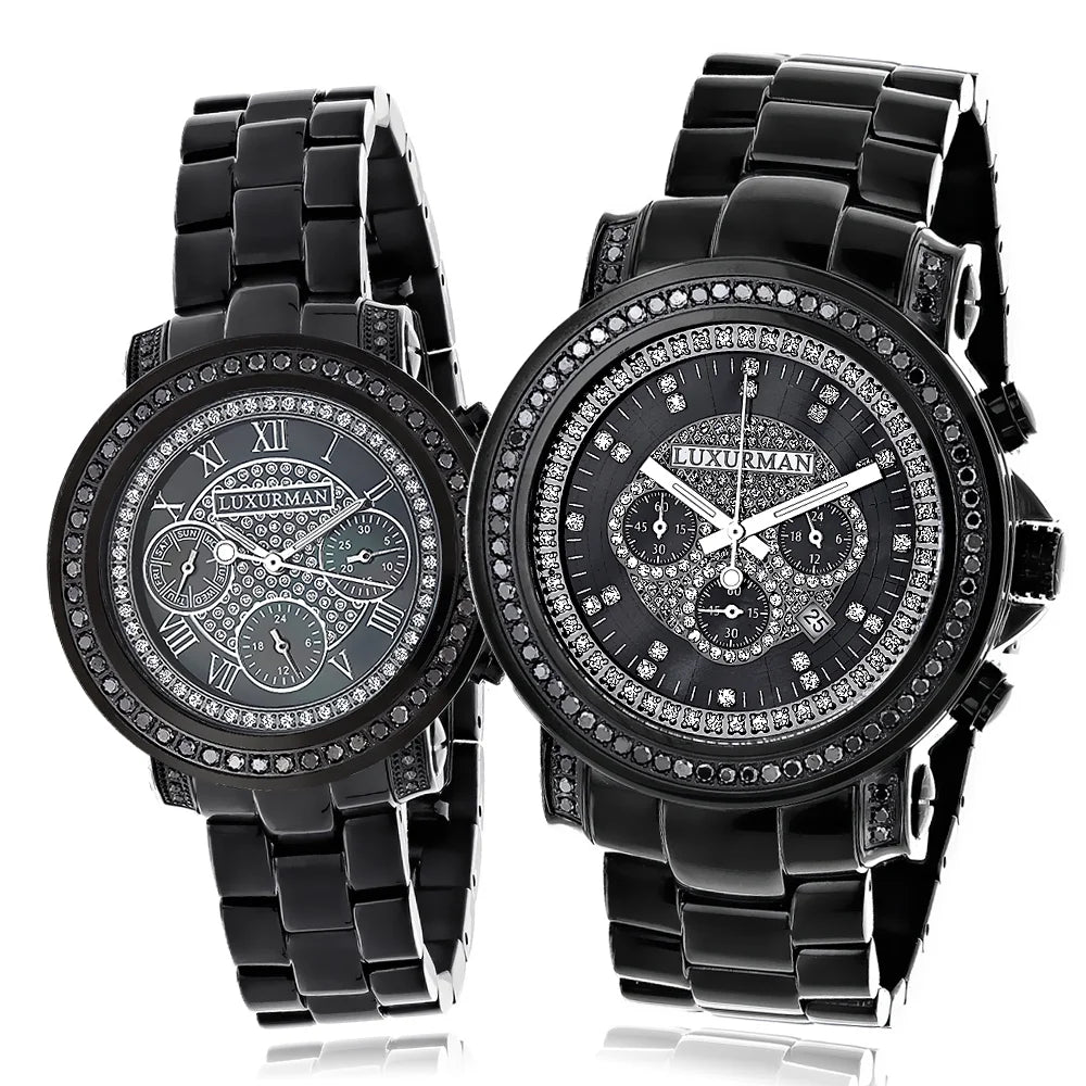 Matching Diamond Black His 5.15ct Hers and Large Watches: Watch Set