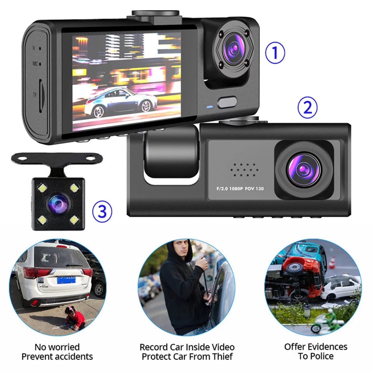 Cam,1080P+720P+480p, Versatile Safety,3-in-1 Car Safety Moobody Car Car Dash Mirror Cam Rearview for Dash