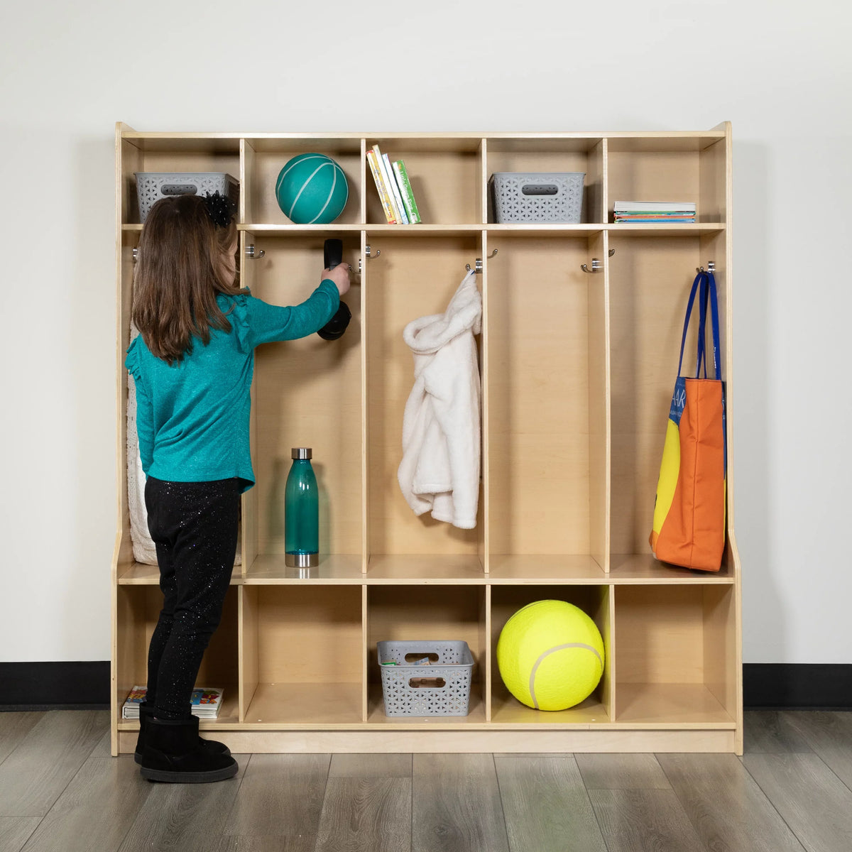 Cubbies, 5 48"L - Locker 48"H Kid School Coat Bench, Section (Natural) Hook-Safe, with BizChair Storage Friendly Wooden Organizer Design x and