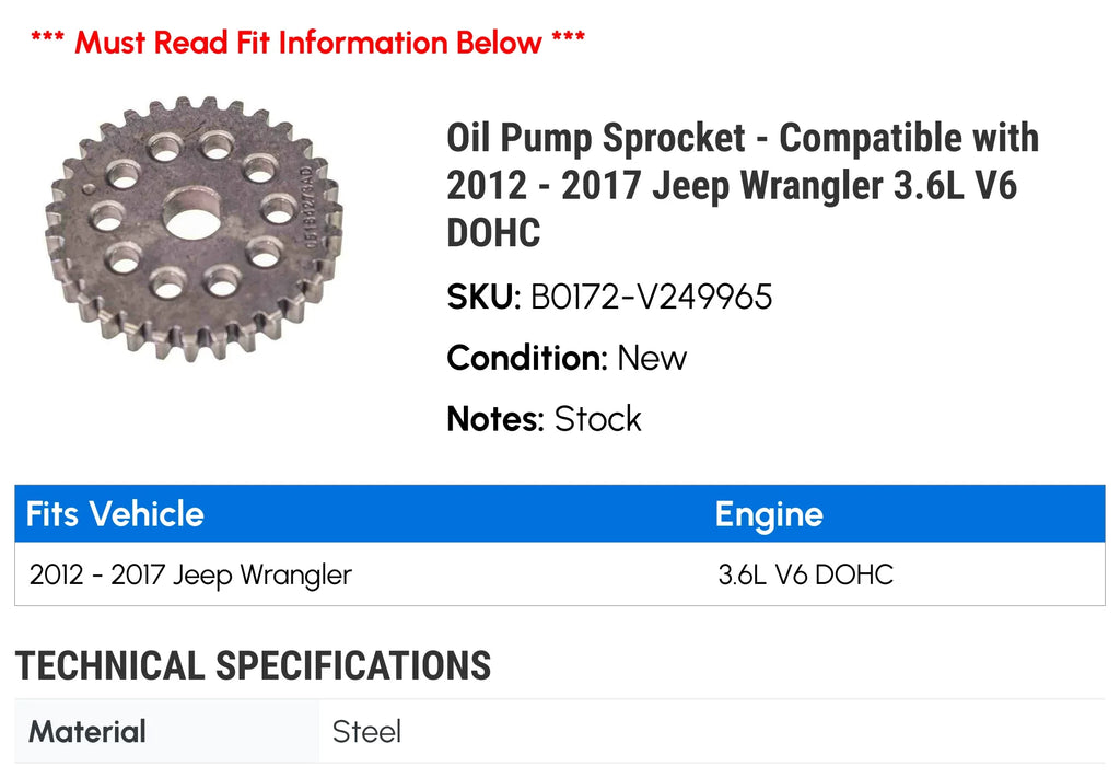 2017 2013 2014 Compatible Oil 3.6L DOHC - V6 2016 with Pump Wrangler Jeep 2015 Sprocket - 2012