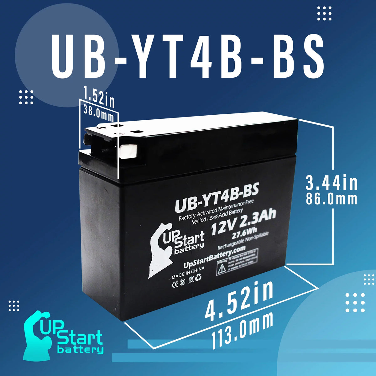 12V, - 2.3Ah, UpStart Activated, SR400 Battery Yamaha 5-Pack UB-YT4B-BS Maintenance Free, Replacement Motorcycle 2004 400CC for Factory Battery