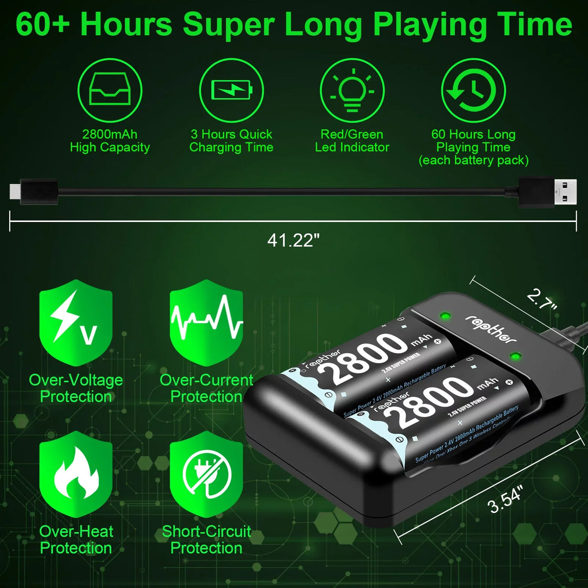 Pack mAh 2800 One Rapthor Xbox S/Xbox One/Xbox X/Xbox One Controller X/Xbox for Battery One x 2800 Series Elite, Rechargeable mAh Battery 4
