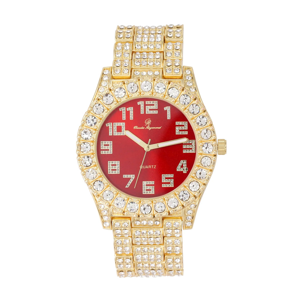 Charles Big raymond Rocks Out Gold Colorful Numerals Hip Hop with Iced Fully Dial Single Mens ST10327AR Watch Blood Red Blinged - Out