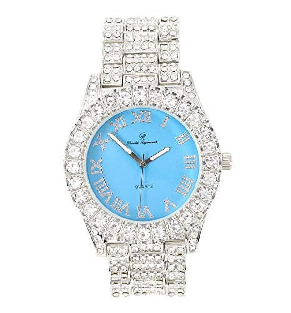 w/Bling'ed Out Cuban Cuban Bracelet Out Numerals Iced Colorful Big Watch Shiny Mens Rocks Silver Fully Roman - (Silver RN ST10327 Dial with Baby Blue) Silver