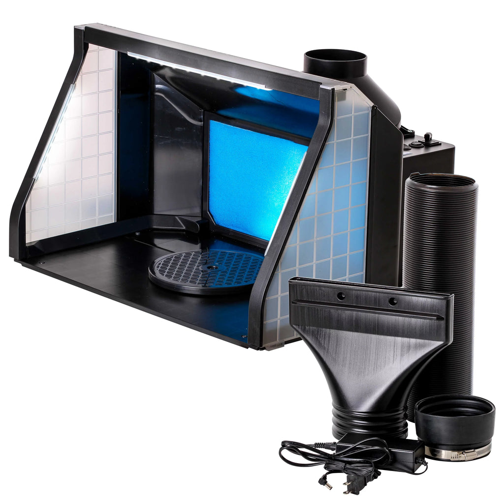 Dual Lights, Kit LED Portable, Fan, Hose Spray to Exhaust Airbrush (Extends Booth Hobby 5.6 up with Extension Feet)