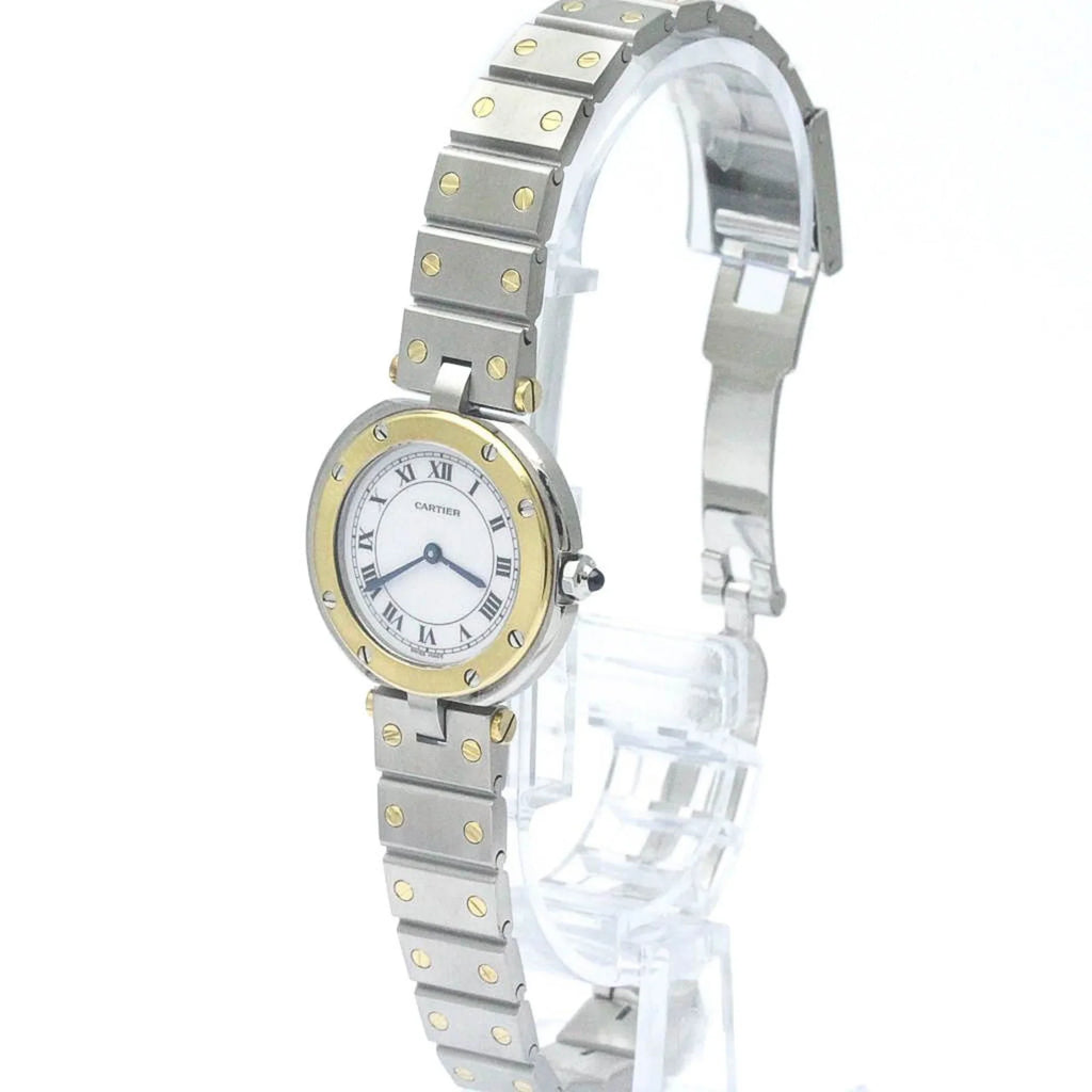 Ladies Steel Santos Quartz (Good) Polished Pre-Owned BF568475 18K Watch CARTIER Round Gold