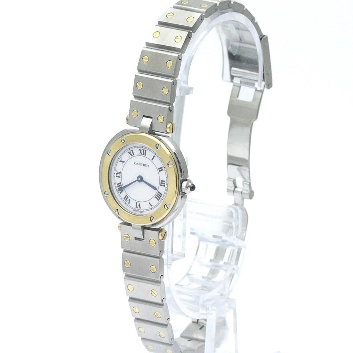 Ladies Steel Santos Quartz (Good) Polished Pre-Owned BF568475 18K Watch CARTIER Round Gold