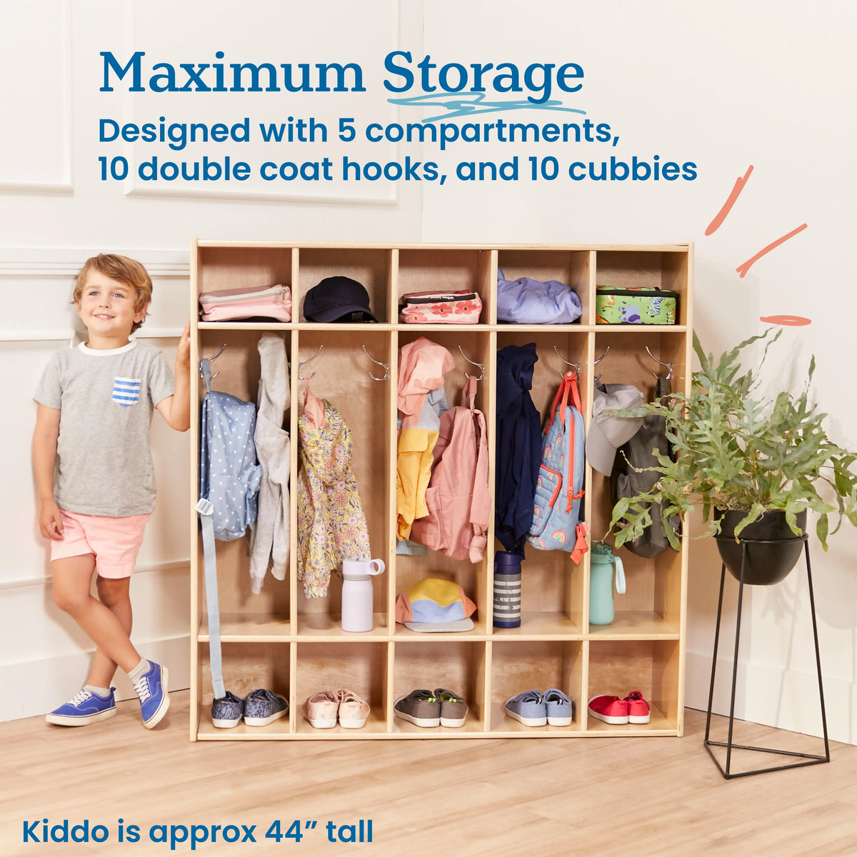 Natural ECR4Kids Coat Locker, 5-Section Streamline Furniture, Classroom