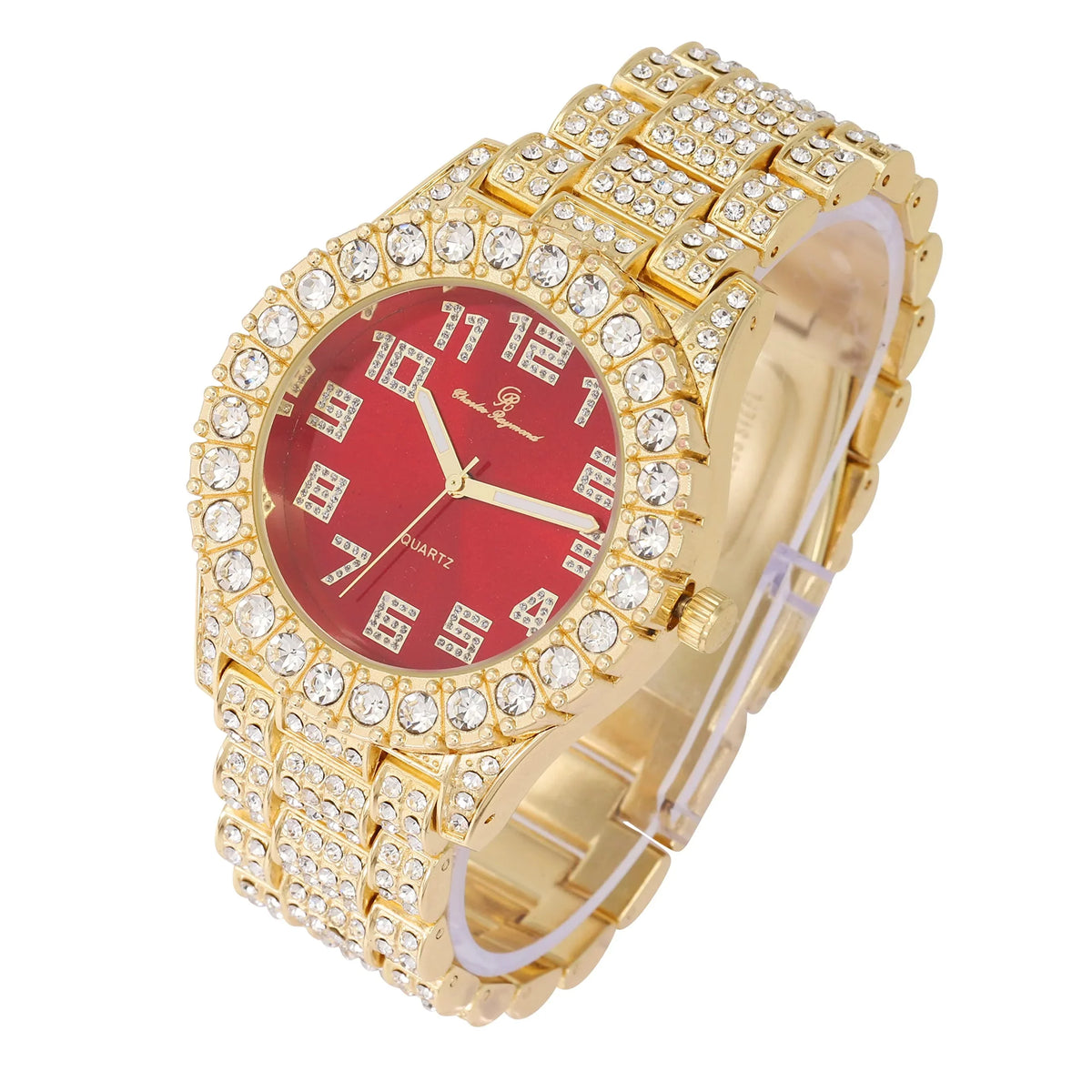 Charles Big raymond Rocks Out Gold Colorful Numerals Hip Hop with Iced Fully Dial Single Mens ST10327AR Watch Blood Red Blinged - Out
