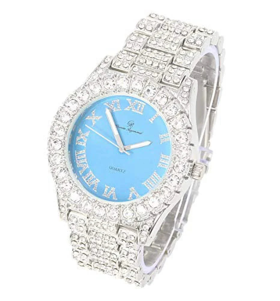 w/Bling'ed Out Cuban Cuban Bracelet Out Numerals Iced Colorful Big Watch Shiny Mens Rocks Silver Fully Roman - (Silver RN ST10327 Dial with Baby Blue) Silver