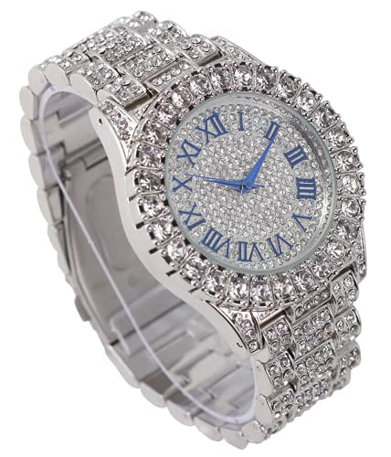 Fully Numerals Big Cuban Cuban - Out w/Blinged RN Blue Raymond Colorful (Silver Shiny ST10327 #) with Wristwatch Charles R Mens Iced Silver Rocks Bracelet Out Dial Roman Silver Royal