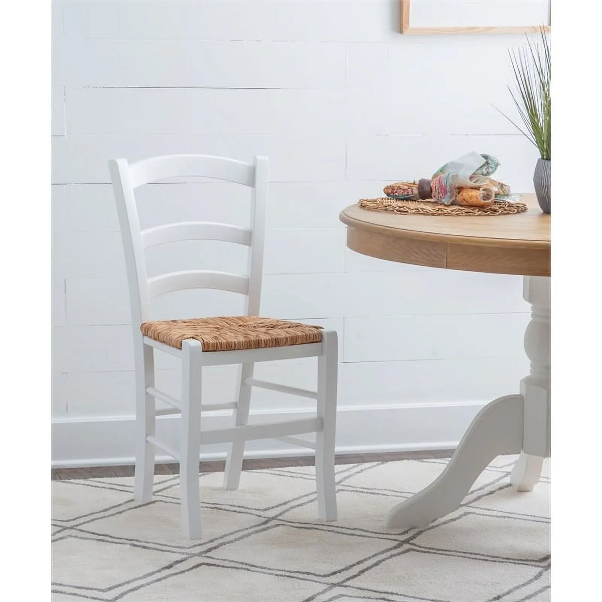 Linon White Karsyn Set Side Rush in Chairs Back of Seat Finish Two Ladder Wood