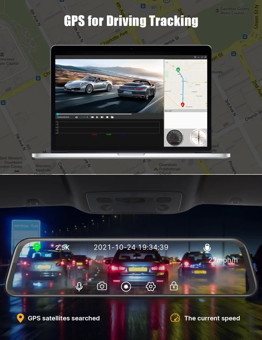 Cam Touch Camera, Dual 12 Rear Cam Rear Vision, Mirror Waterproof Night Dash with Dash 2.5K Parking Camera Recording Inch Screen View GPS Front and Backup Mirror Assistance, Loop