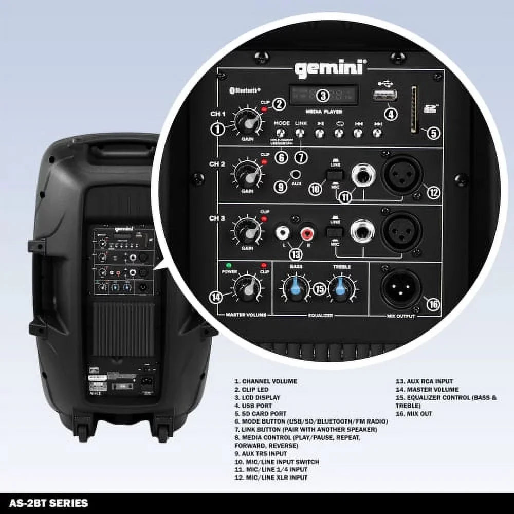 RCA Bluetooth Pro PA AS-2112BT Speaker Gemini Watts 12" Inch DJ 1500 New System Sound XLR Active