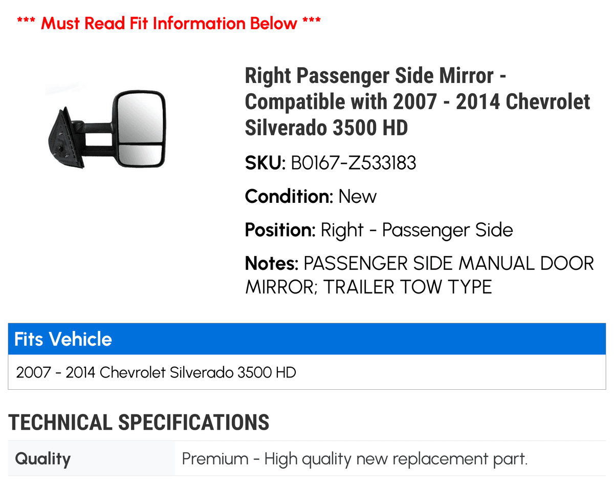 Compatible 3500 Silverado - 2008 HD 2012 - 2014 2009 Mirror Passenger 2010 2013 2007 2011 Side with Chevy Right