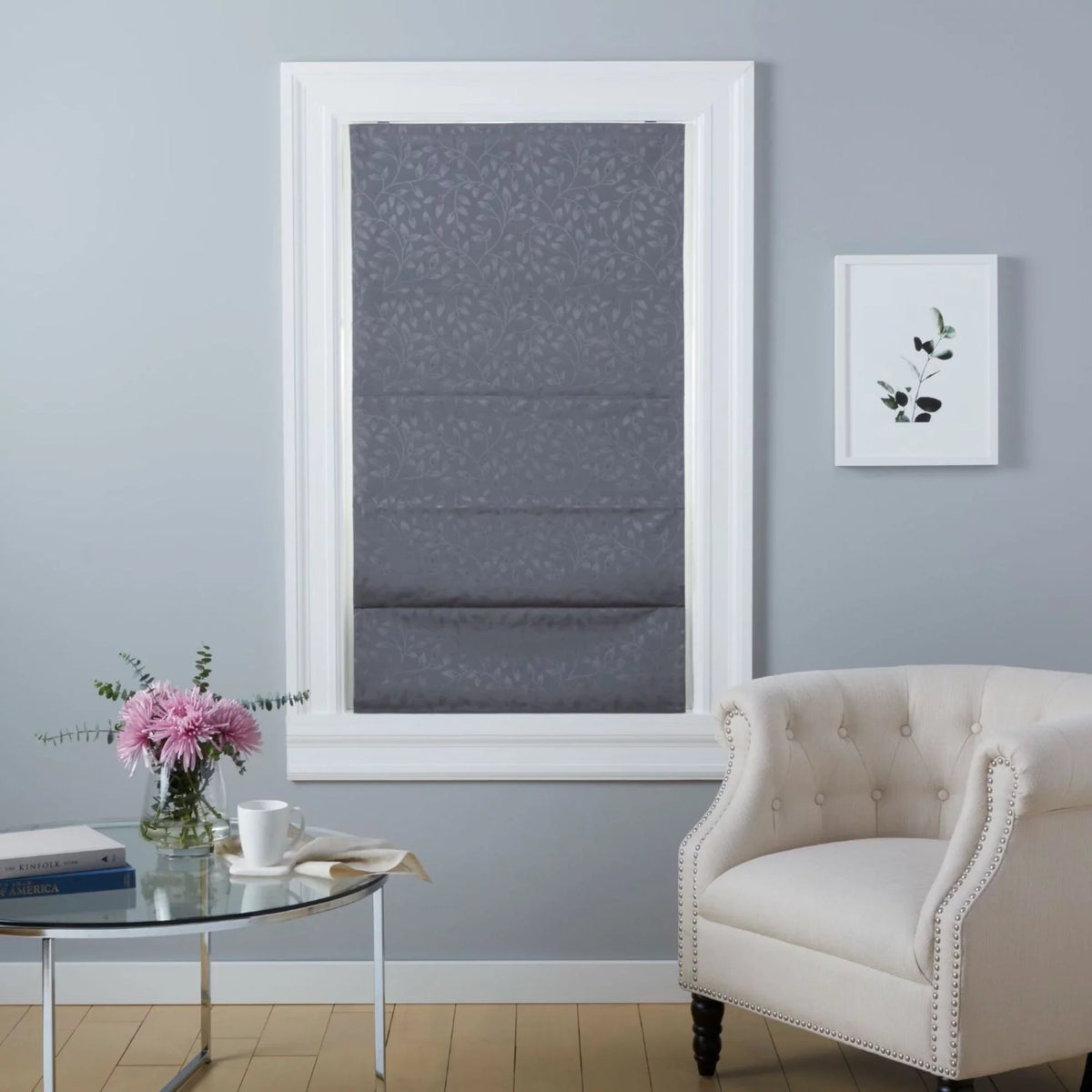 Shade, Dark Home Total Blackout Roman 31"x Bolan 64", Botanical Exclusive Grey