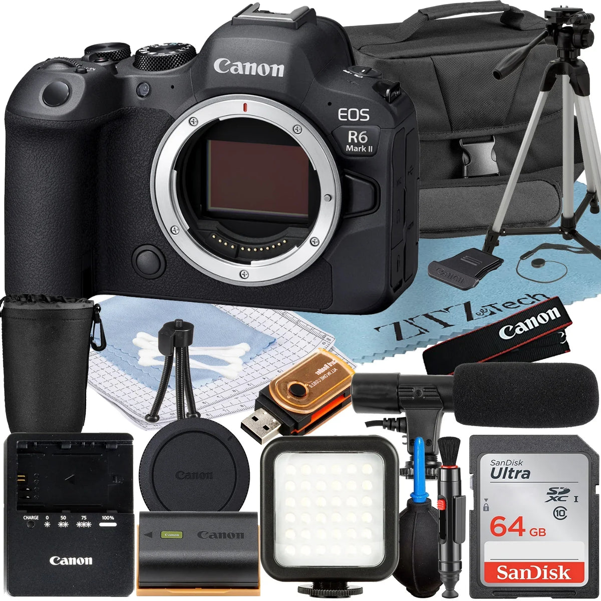 (Body) with Case Accessory R6 + Flash Mark SanDisk ZeeTech Card Camera 64GB Bundle EOS II LED Canon + Memory + Mirrorless