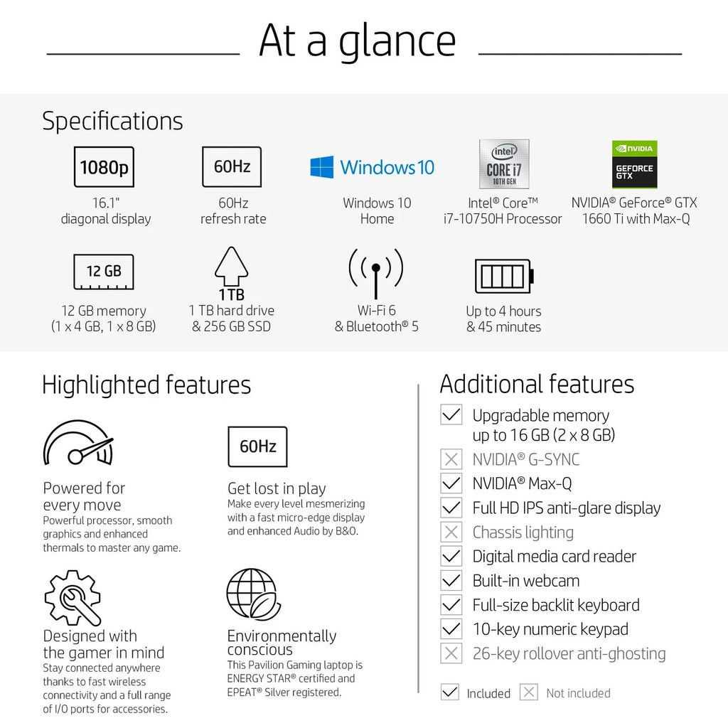GeForce Pavilion 1TB FHD DDR4 Max-Q Hdd - - i7-10750H Gaming 10 - - 12GB IPS HP 16-a0075cl GTX 256gb Keyboard Laptop Windows - WLED-backlit Ti Memory 1660 16.1" Backlit SSD - Anti-Glare Non-touch +