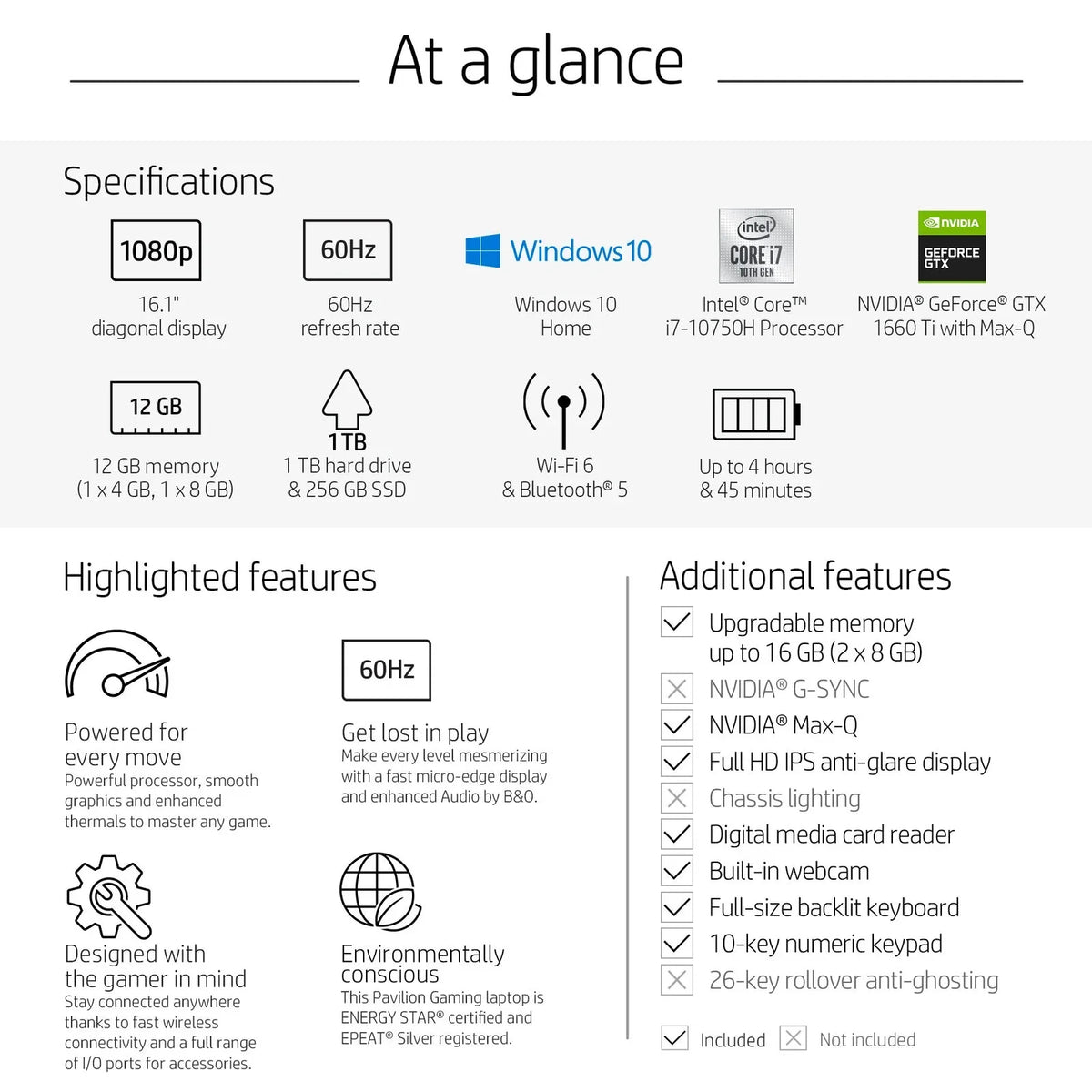 GeForce Pavilion 1TB FHD DDR4 Max-Q Hdd - - i7-10750H Gaming 10 - - 12GB IPS HP 16-a0075cl GTX 256gb Keyboard Laptop Windows - WLED-backlit Ti Memory 1660 16.1" Backlit SSD - Anti-Glare Non-touch +