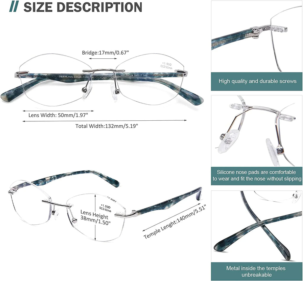 Frame, Designer Blocking Computer 2.5 Glasses Reading Readers Fashion Lens Clear Blue Rimless UV400 Ladies Light Protect Women AQWANO