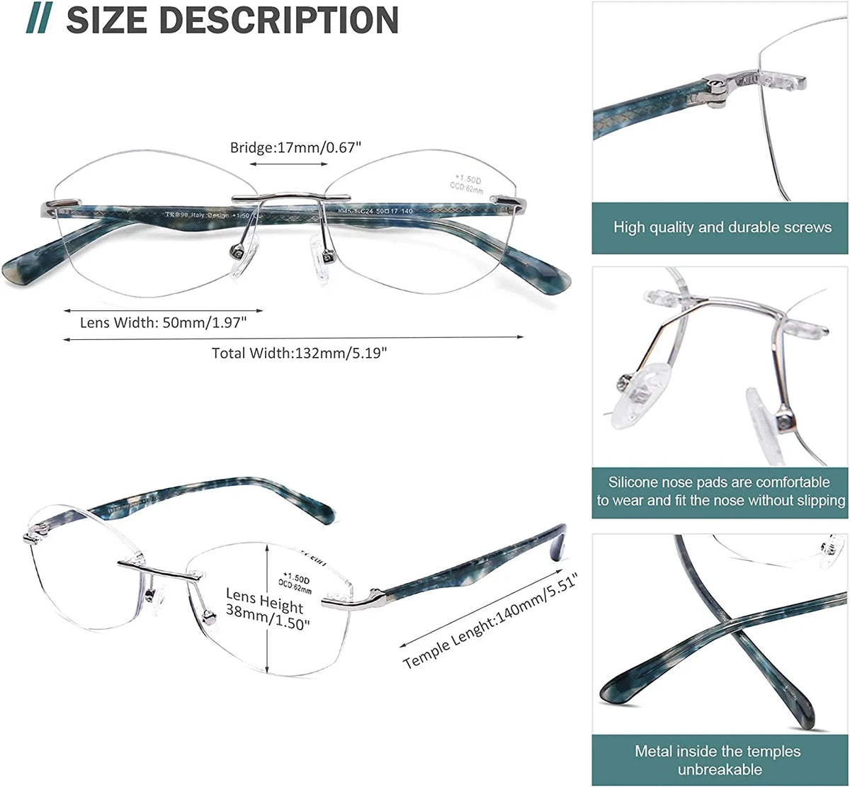 Frame, Designer Blocking Computer 2.5 Glasses Reading Readers Fashion Lens Clear Blue Rimless UV400 Ladies Light Protect Women AQWANO