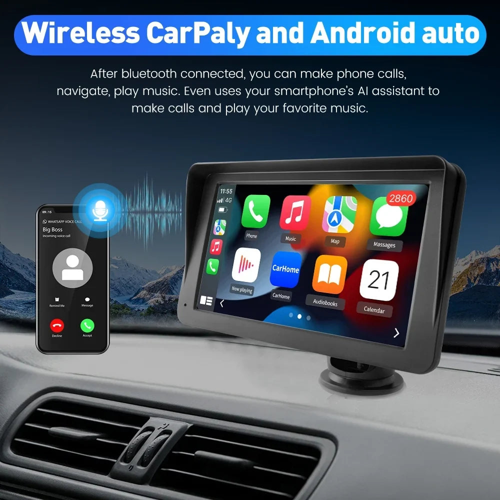 Car with Wireless Bluetooth Auto Video Android Stereo Support Navigation,FM Touch Awesafe Screen Music, GPS , Carplay 7 inch Audio, Apple