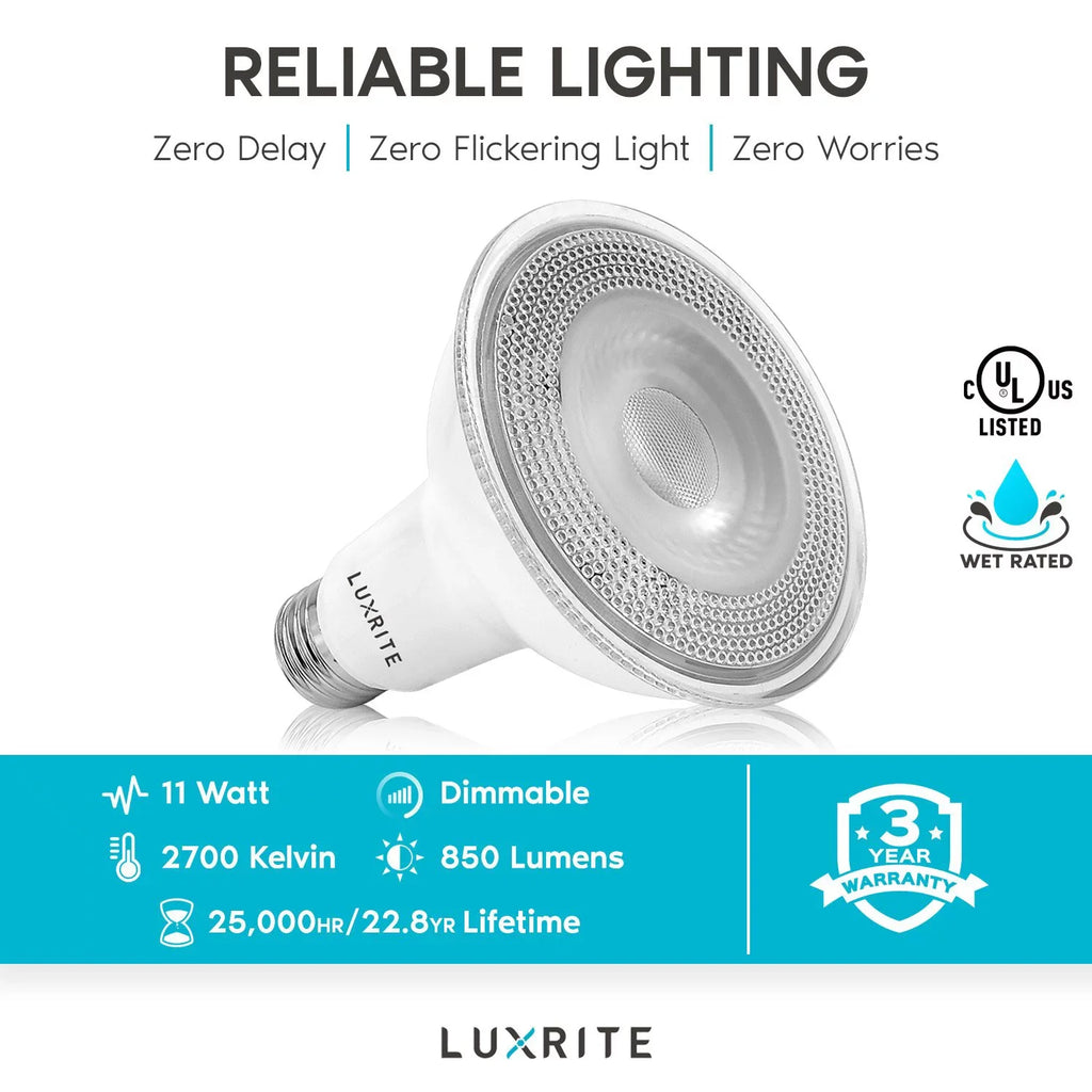 Listed 850 Lumens Warm Wet Rated PAR30 UL Flood Luxrite 6-Pack Base Dimmable LED Bulb E26 11W White 2700K Light