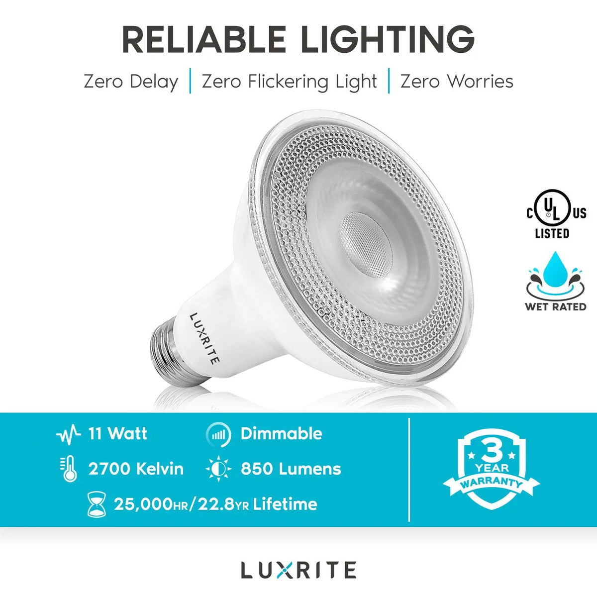 Listed 850 Lumens Warm Wet Rated PAR30 UL Flood Luxrite 6-Pack Base Dimmable LED Bulb E26 11W White 2700K Light