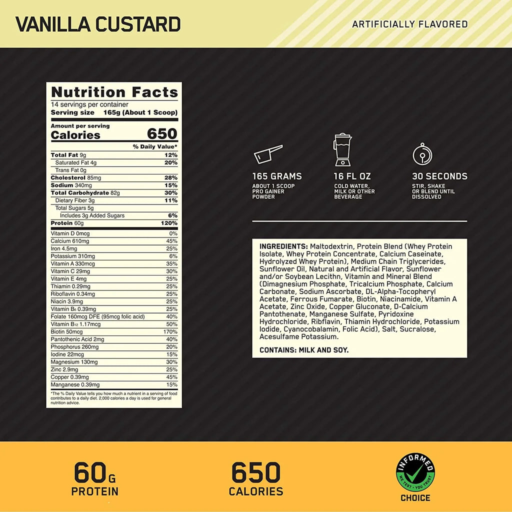 Gold Custard, Pro 60 lb, Servings g Optimum Powder, 14 Vanilla 5.09 Protein Nutrition, Protein, Gainer Standard
