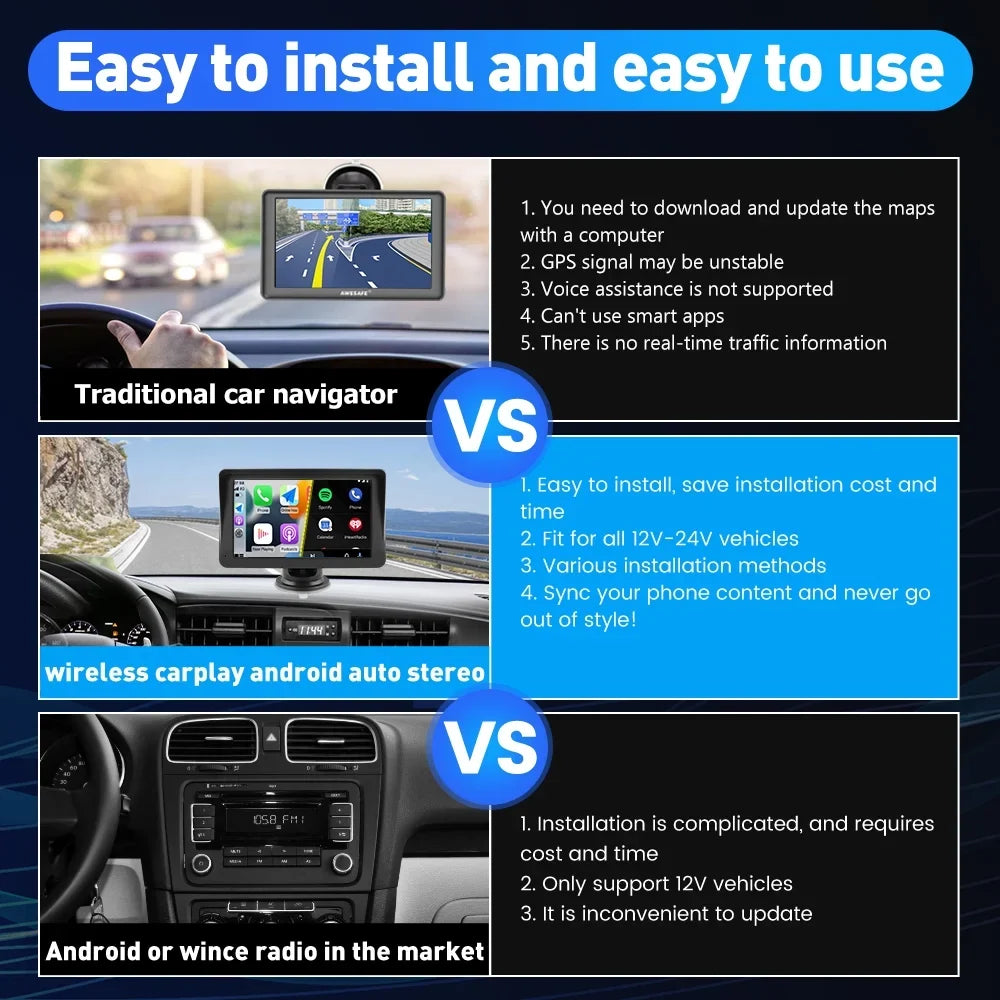 Car with Wireless Bluetooth Auto Video Android Stereo Support Navigation,FM Touch Awesafe Screen Music, GPS , Carplay 7 inch Audio, Apple