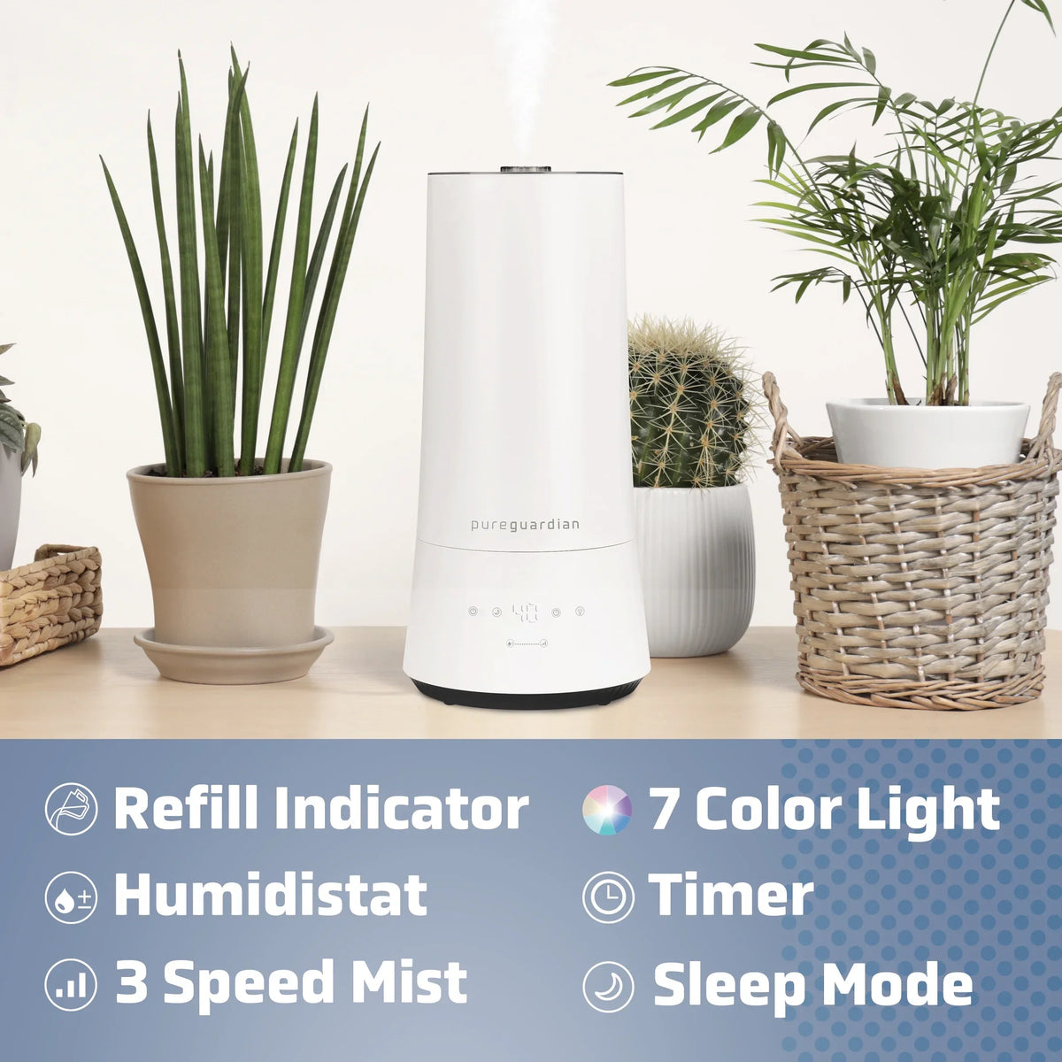 1.6 Gallon with Mist Humidifier ft. Ultrasonic Sq. Humidistat, 420 PureGuardian H997W Cool 90-Hour