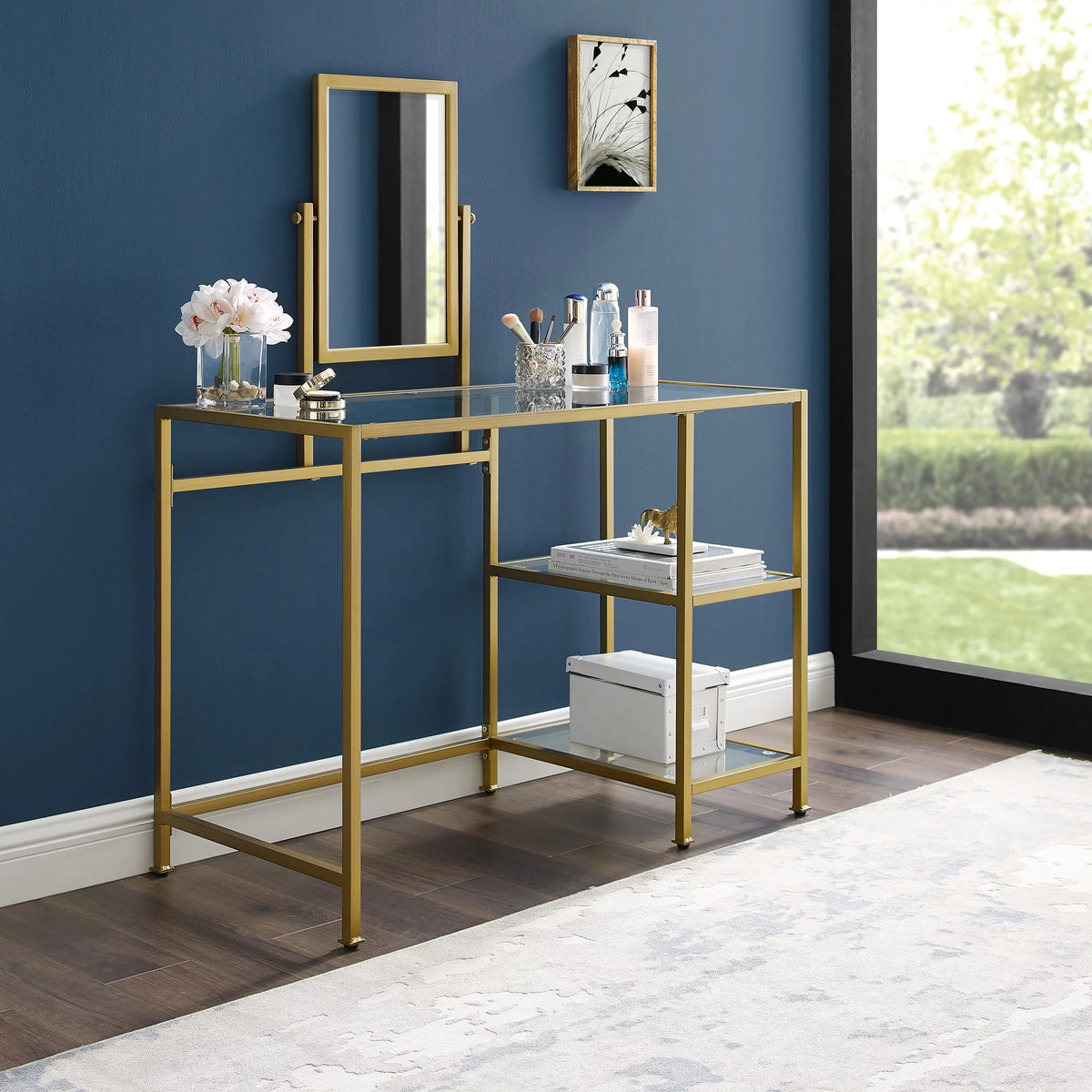 Furniture in Aimee Glass Tempered Crosley 2-Piece Vanity Desk/Mirror Soft Gold
