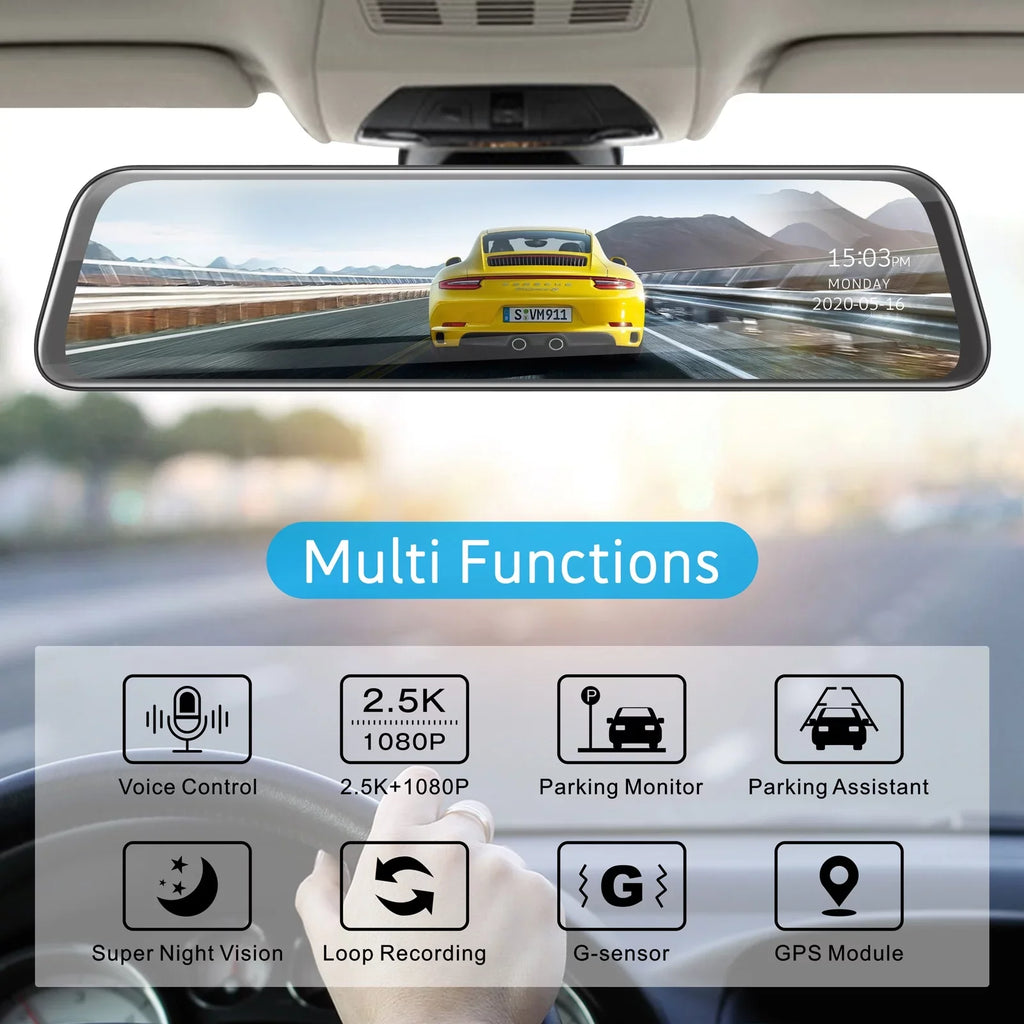Cam Touch Camera, Dual 12 Rear Cam Rear Vision, Mirror Waterproof Night Dash with Dash 2.5K Parking Camera Recording Inch Screen View GPS Front and Backup Mirror Assistance, Loop