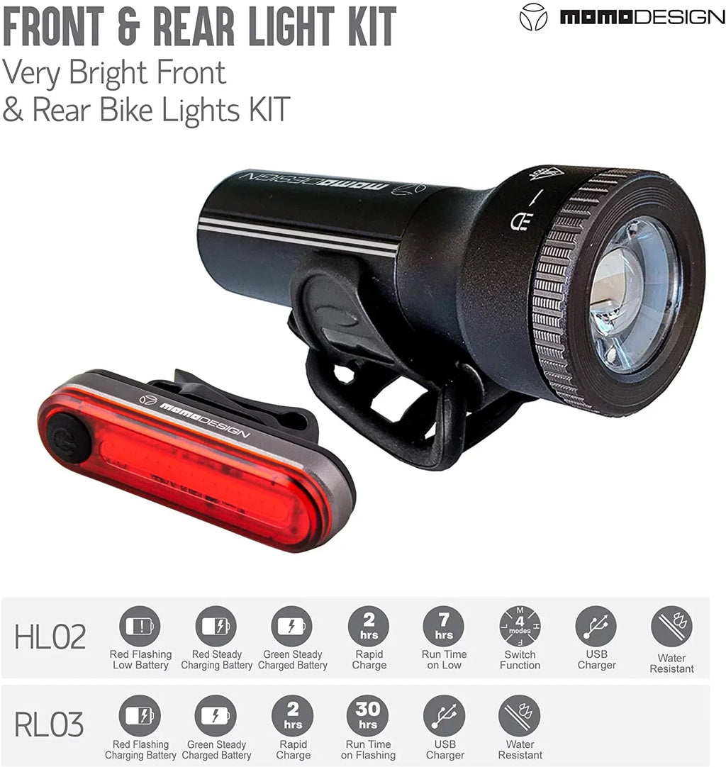 Bike Night Light for & Resistant, Rechargeable, KIT MOMODESIGN Visibility, for USB 300 COMMUTERS Designed Weather Headlight Rear Light