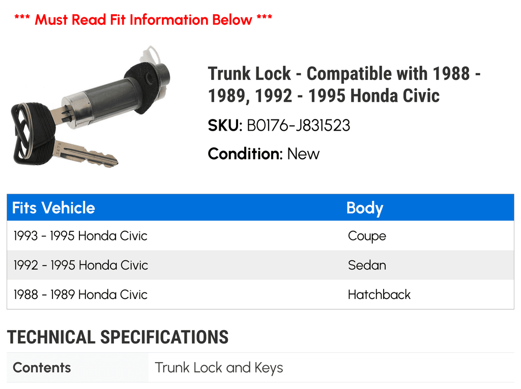 Lock Trunk with - 1995 1993 1988 - 1994 1992 - Honda 1989, Civic Compatible