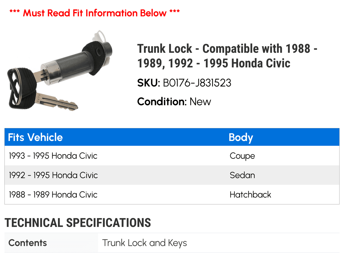 Lock Trunk with - 1995 1993 1988 - 1994 1992 - Honda 1989, Civic Compatible