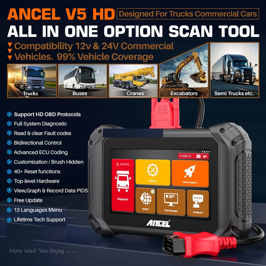 for OBD2 Scanner Duty Bi-directional Reset Truck All Heavy Code V5 Maintenance Regen Scan Scan ECU Cars Truck Tool IN DPF System ANCEL 24V Coding HD Diesel Tablet 12V Reader Truck 2 40+ Diagnostic 1