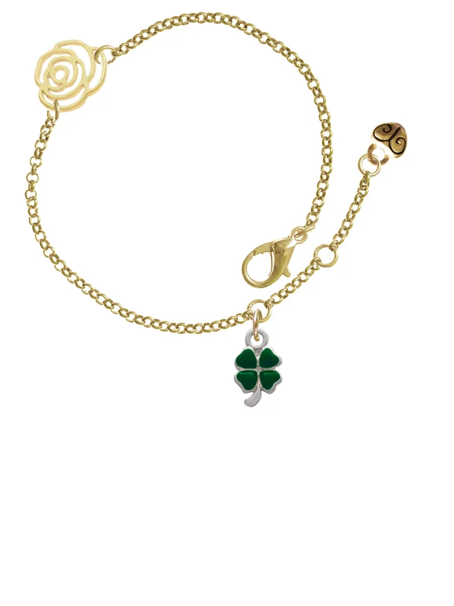 Silvertone Extender Green Bracelet, Mini Jewelry Link Leaf Gold-tone Delight Heart with Leaves Chain 6.25"+1.75" Clover Four Rose