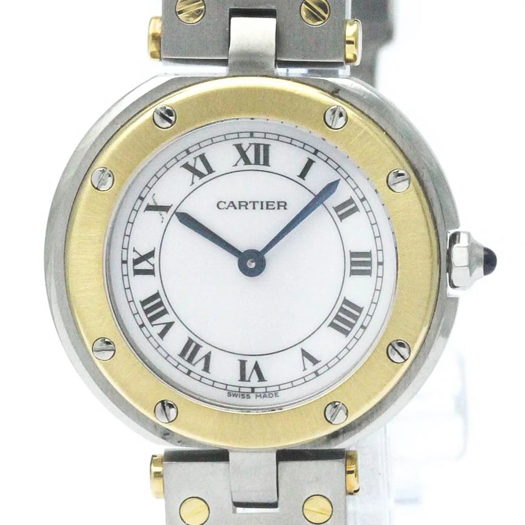 Ladies Steel Santos Quartz (Good) Polished Pre-Owned BF568475 18K Watch CARTIER Round Gold
