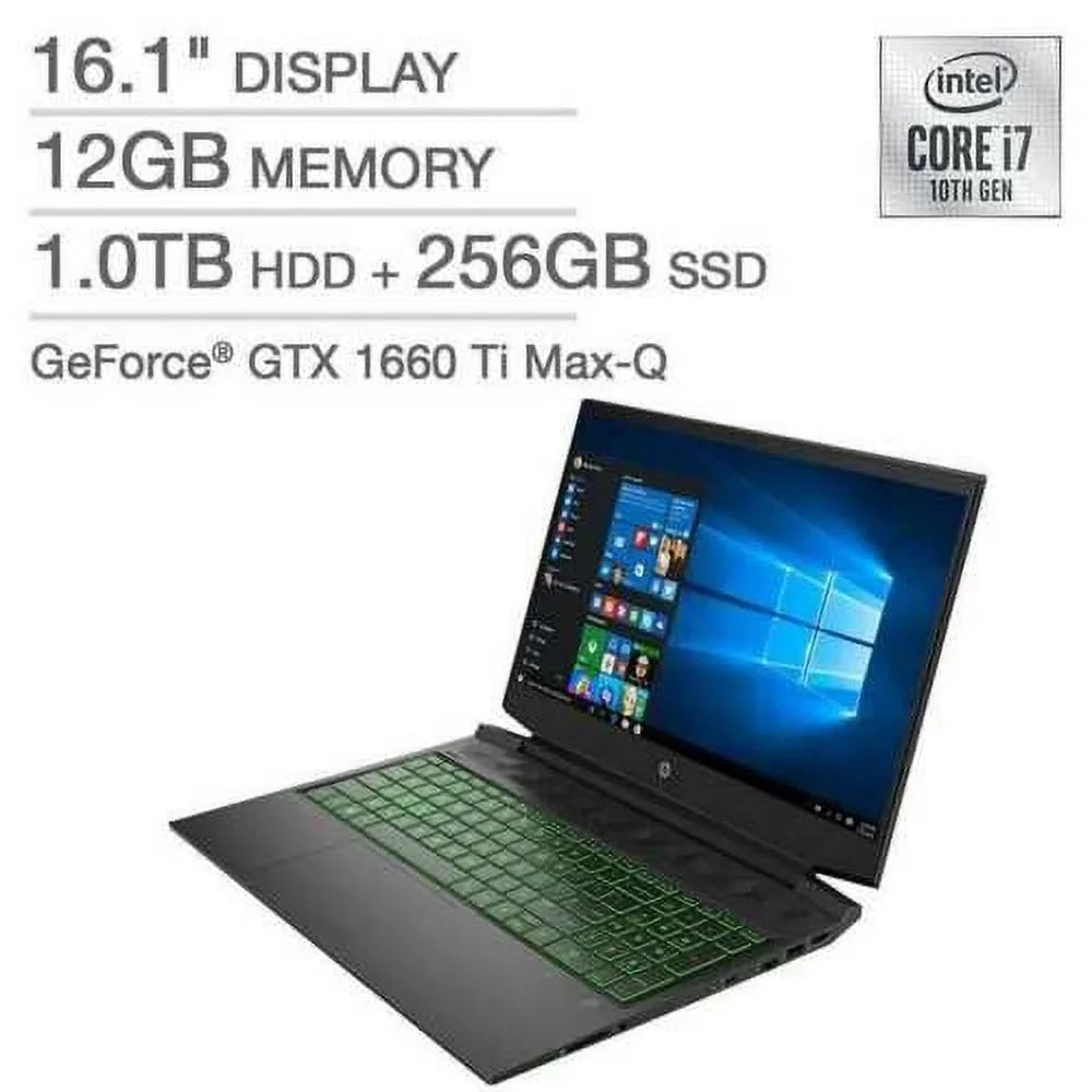 GeForce Pavilion 1TB FHD DDR4 Max-Q Hdd - - i7-10750H Gaming 10 - - 12GB IPS HP 16-a0075cl GTX 256gb Keyboard Laptop Windows - WLED-backlit Ti Memory 1660 16.1" Backlit SSD - Anti-Glare Non-touch +