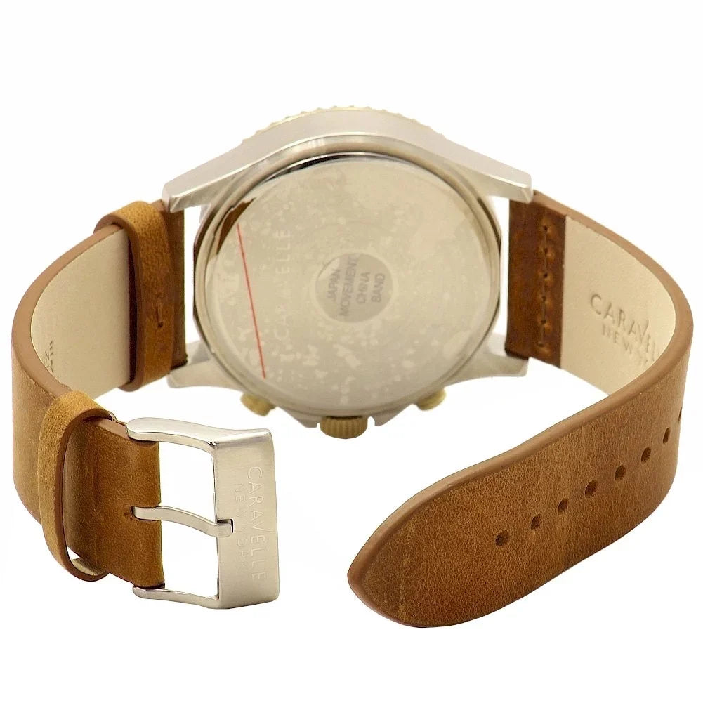 45A135 Men's Leather Chronograph Blue Strap Watch Dial Brown Sport Caravelle