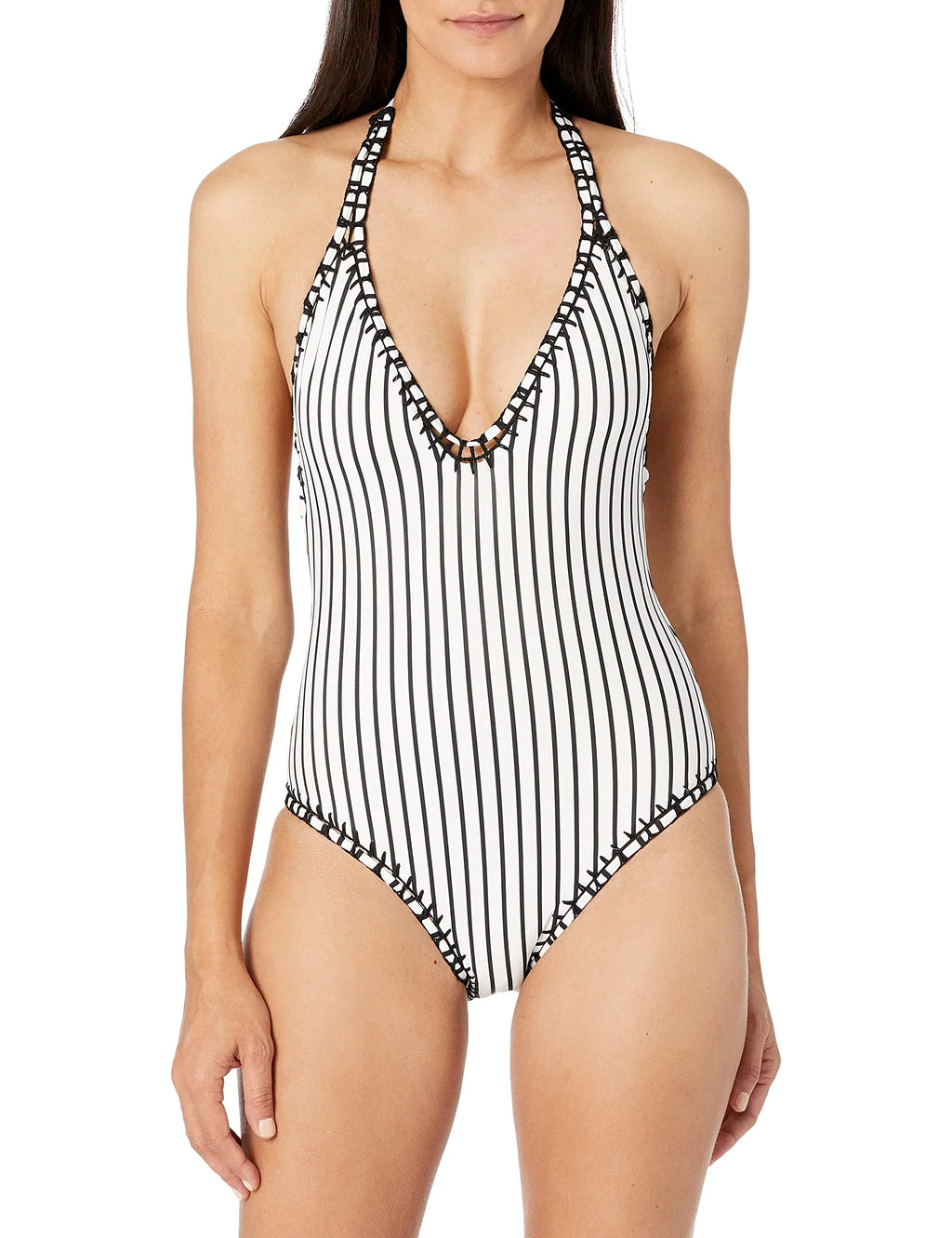 Size Plunge Swimwear $88 MSRP Mio Brand Black One 3 White Bar Piece XL Swimsuit