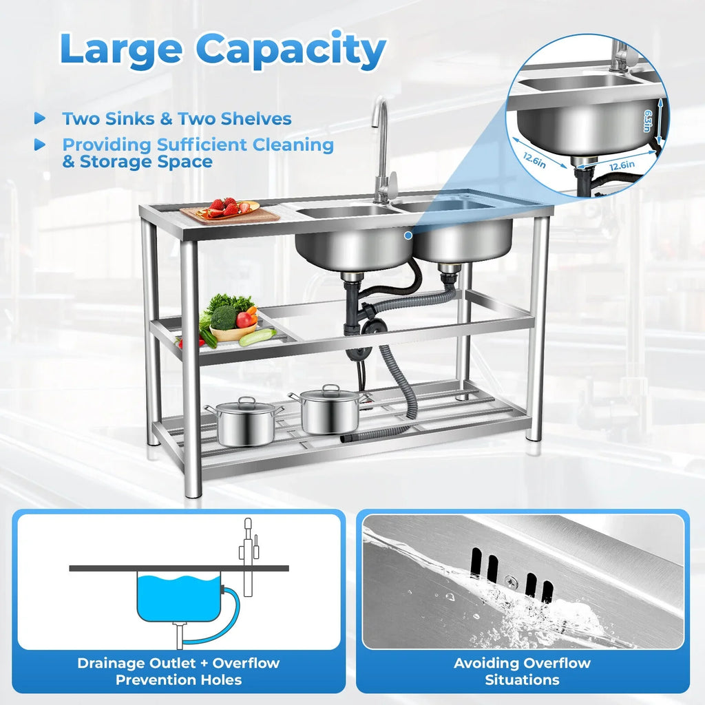 Drainboard w/ Bowls Utility 2 Kitchen Prep Steel Catering Bowl Kitchen w/Faucet Catering Sink Bowl Sink Home Bowls Prep Sink +Shelf Prep Table Catering Kitchen 2 Stainless 304 Commercial Table