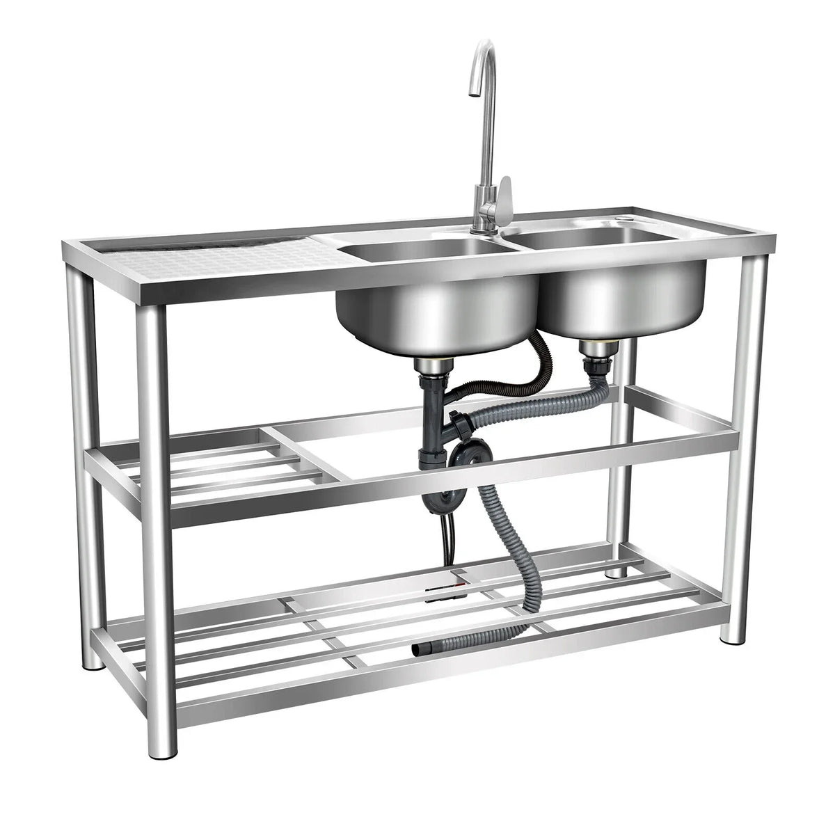 Drainboard w/ Bowls Utility 2 Kitchen Prep Steel Catering Bowl Kitchen w/Faucet Catering Sink Bowl Sink Home Bowls Prep Sink +Shelf Prep Table Catering Kitchen 2 Stainless 304 Commercial Table