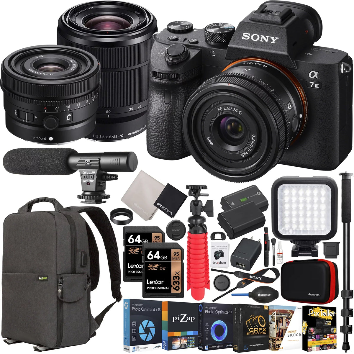 Kit Full + FE F2.8 F3.5-5.6 Lens 2 Microphone SEL24F28G Gear Sony + Accessories ILCE7M3K/B Photography OSS with LED + + Case Bundle III + 28-70mm a7 w/ Deco Backpack Mirrorless 24mm Frame G + Camera