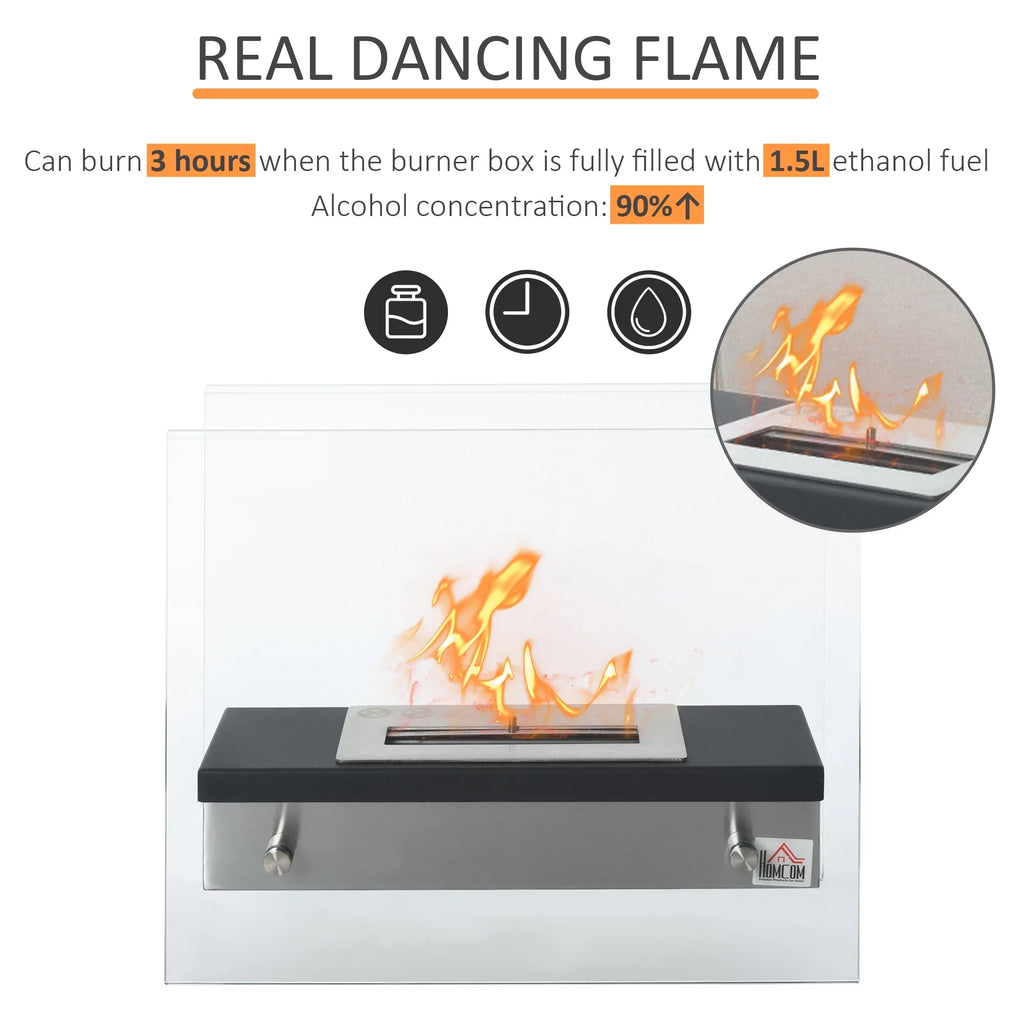 Sq. 0.39 Gal HOMCOM 3 Fireplace, Stainless Tabletop 18.5" Black Ethanol 269 up Ft., Hours, Steel to Burns